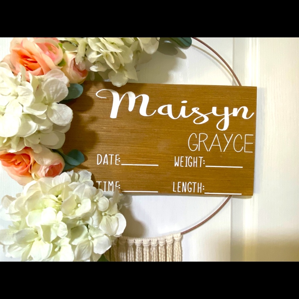 Custom BoHo floral hospital door baby hanger
